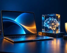 Laptop, microphone, translucent computing core and metal shield