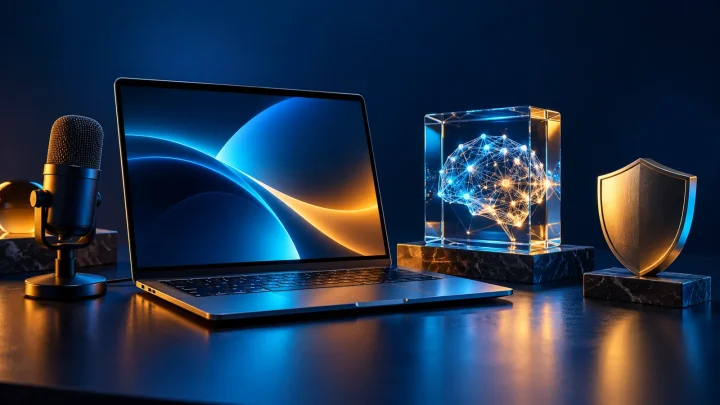Laptop, microphone, translucent computing core and metal shield