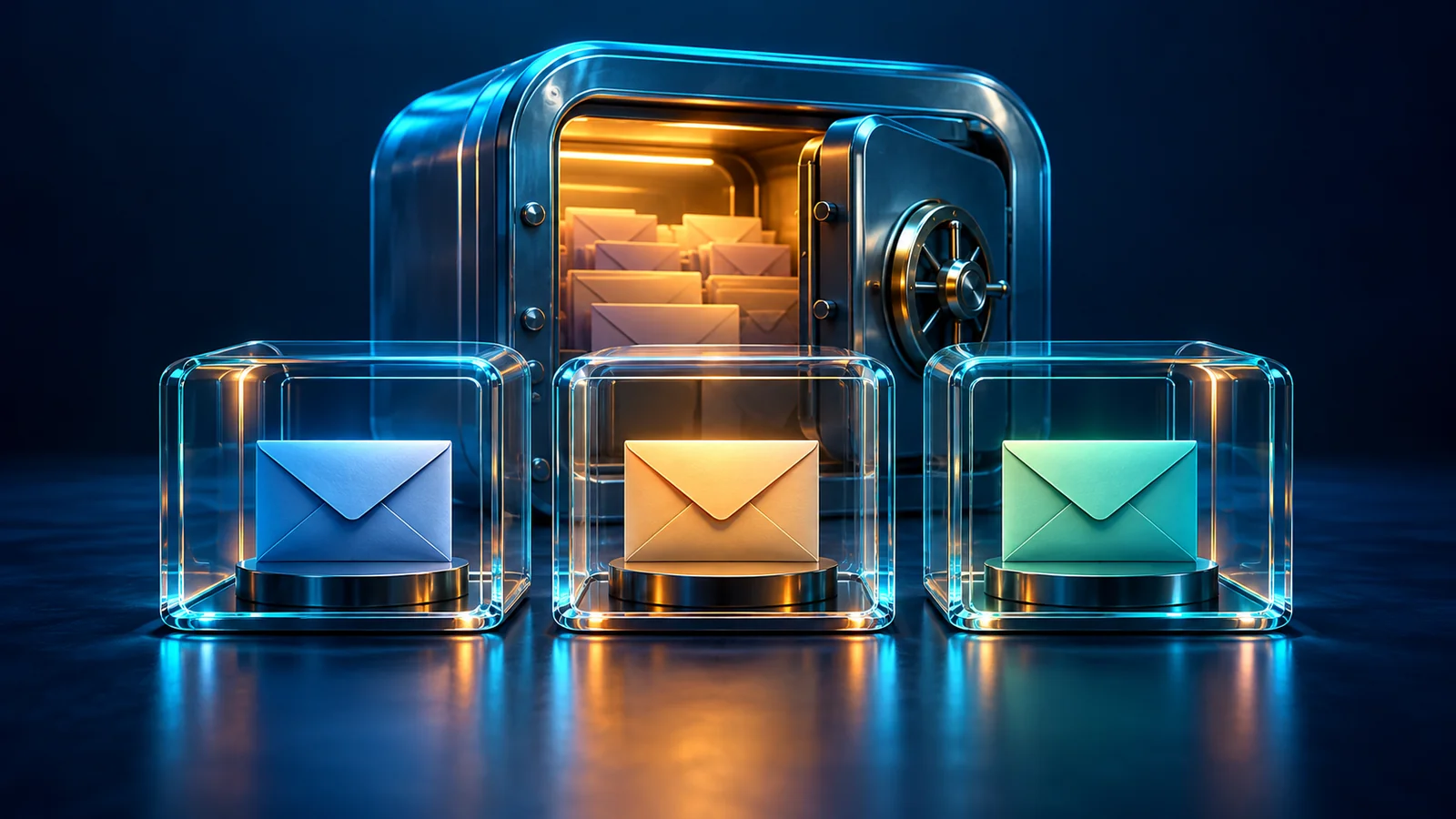 Three envelopes in separate transparent compartments in front of a protected vault