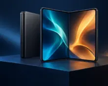 Generic foldable smartphone with cyan and amber halves of the screen