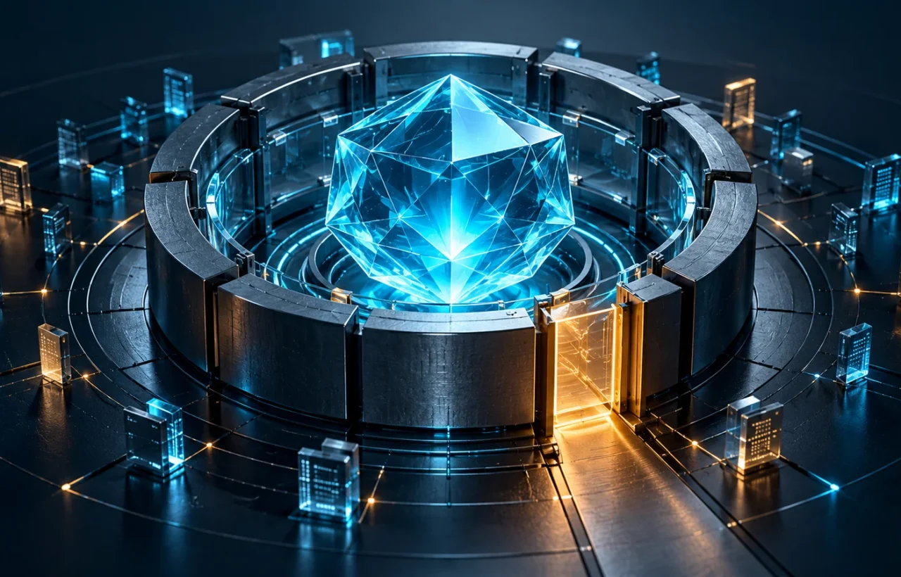 Glowing faceted core inside a protective ring
