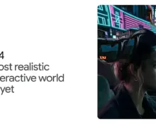 Google DeepMind card with the Genie 4 name and a character in a generated city at night