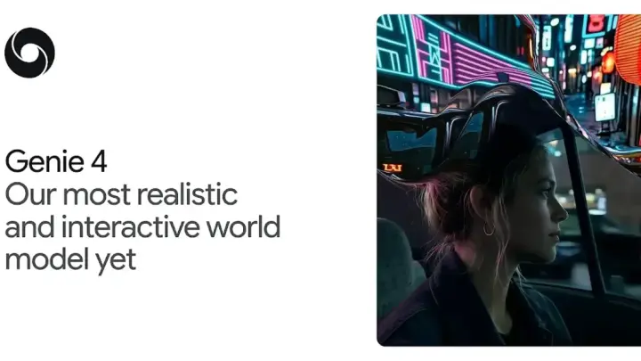 Google DeepMind card with the Genie 4 name and a character in a generated city at night