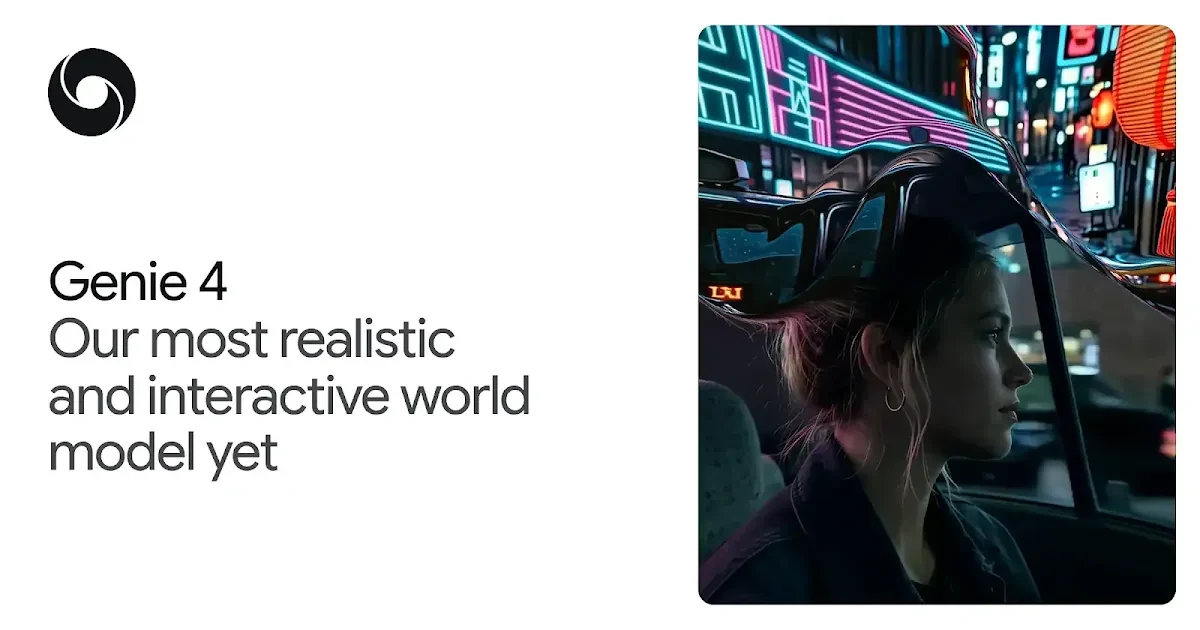 Google DeepMind card with the Genie 4 name and a character in a generated city at night