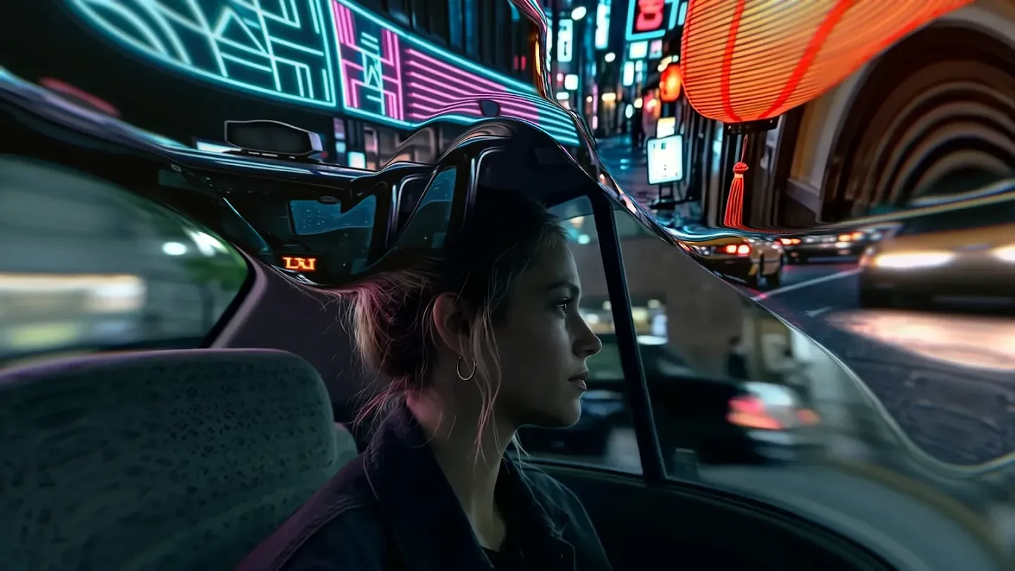 Character beside a vehicle on a neon-lit night street in a Genie 4 demonstration