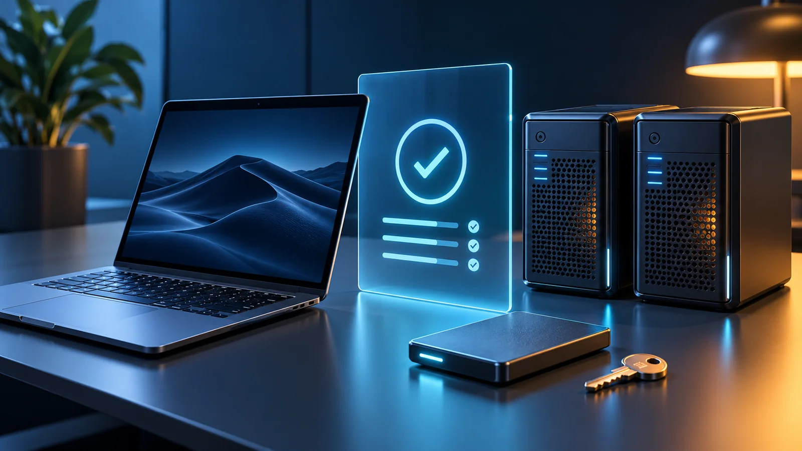 Laptop, server modules, external drive and a translucent checking panel