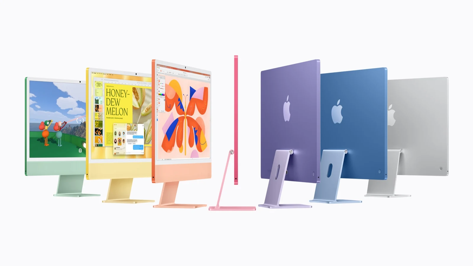 Official arrangement of M6 iMac computers in multiple colours, shown from the front, side and rear