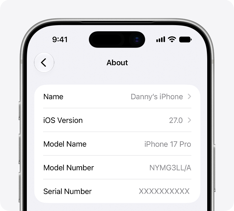 English About screen showing Model Name and iOS Version