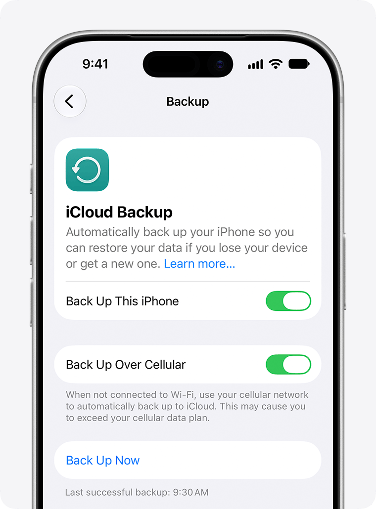 English iCloud Backup screen with Back Up Now and the last successful backup time