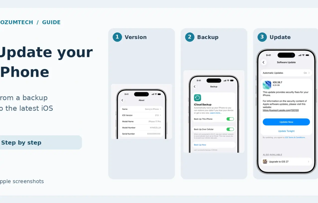 English Apple screenshots: iOS version, backup and software update