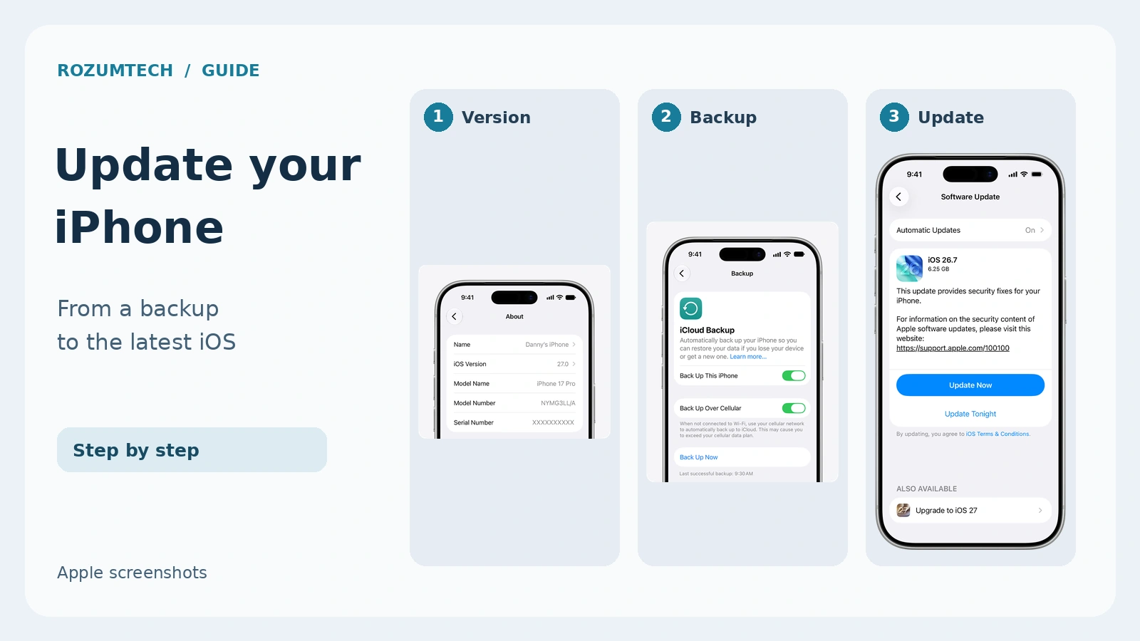 English Apple screenshots: iOS version, backup and software update