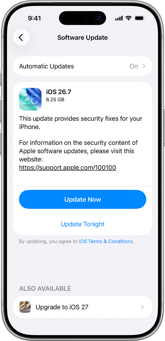 English Software Update screen with Update Now and a major upgrade at the bottom