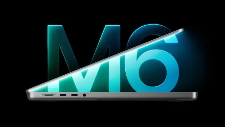 Partly open MacBook Pro with a turquoise M6 graphic on its display and the chip logo behind it