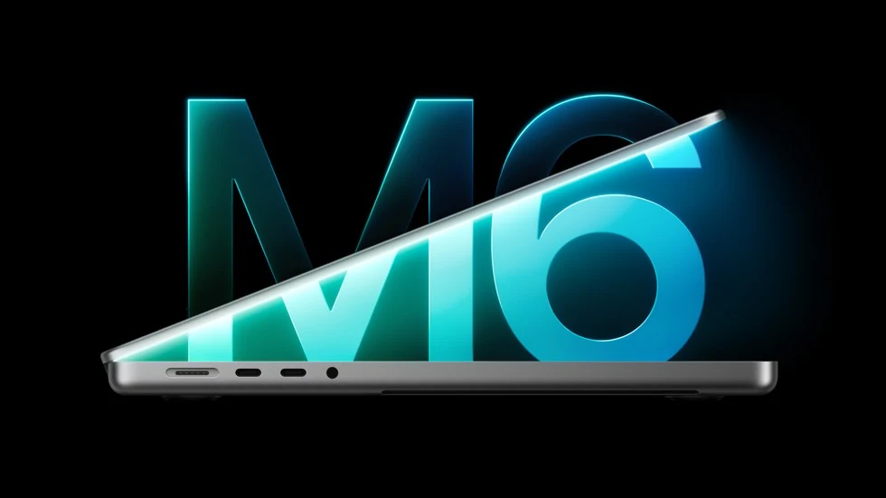 Partly open MacBook Pro with a turquoise M6 graphic on its display and the chip logo behind it