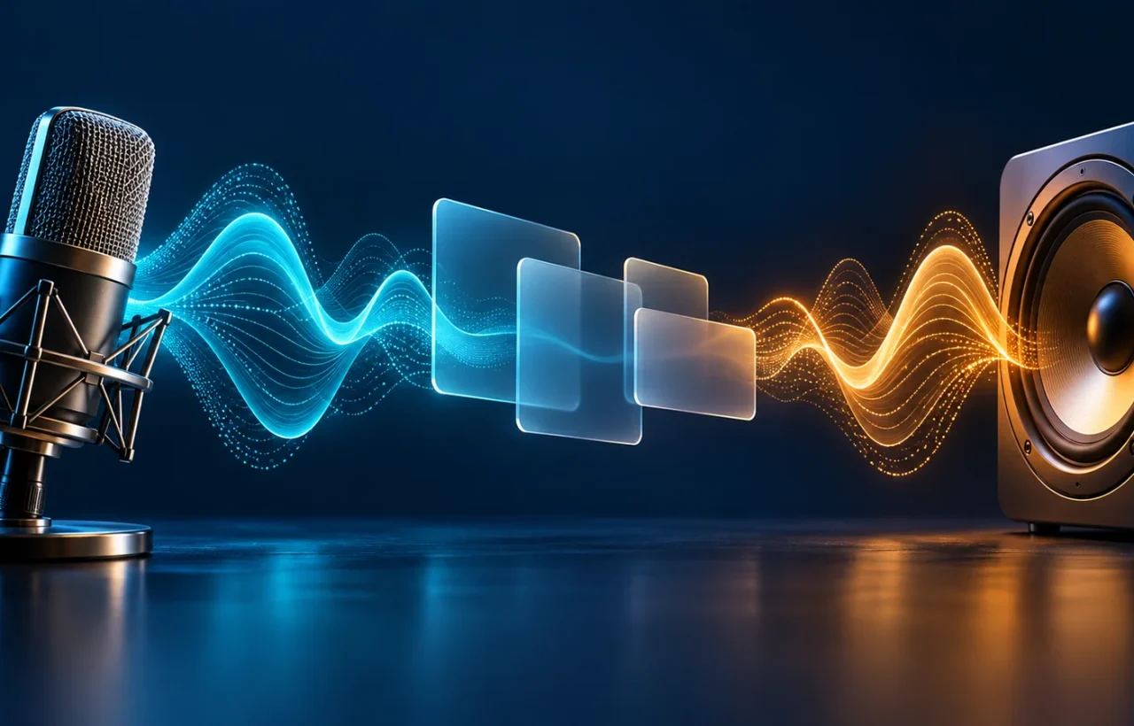 Microphone, translucent cards and speaker with sound waves