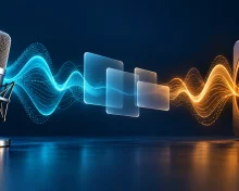 Microphone, translucent cards and speaker with sound waves