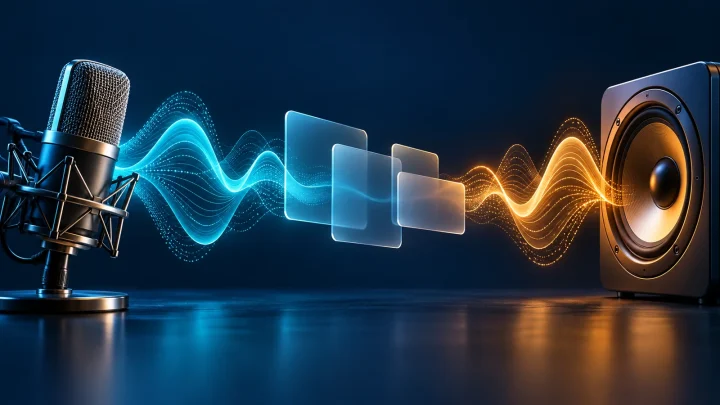 Microphone, translucent cards and speaker with sound waves