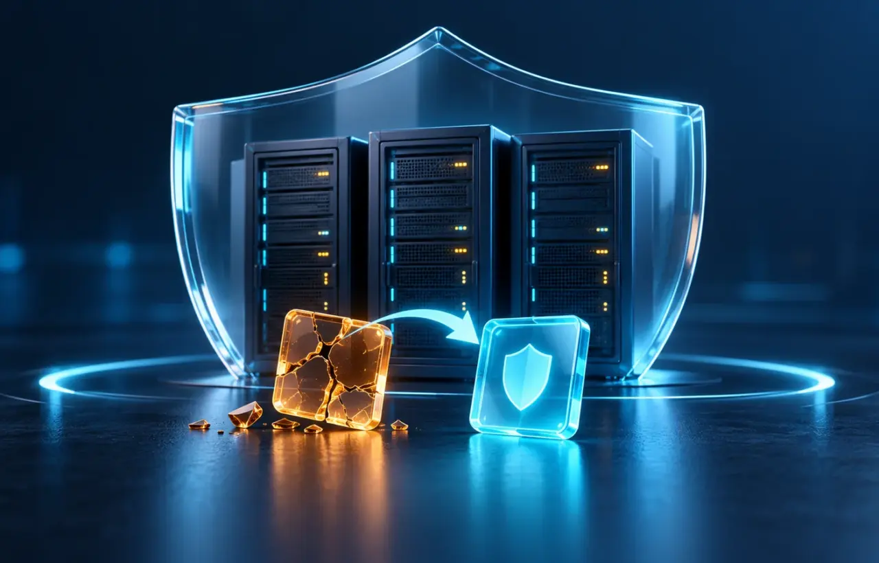 Three servers behind a transparent shield and a broken tile replaced by a protected one