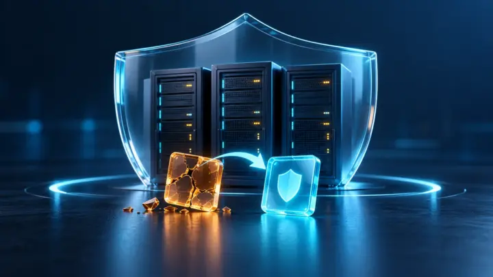 Three servers behind a transparent shield and a broken tile replaced by a protected one