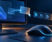 Mouse in front of a monitor, a cursor holding a card and a row of shortcut tiles