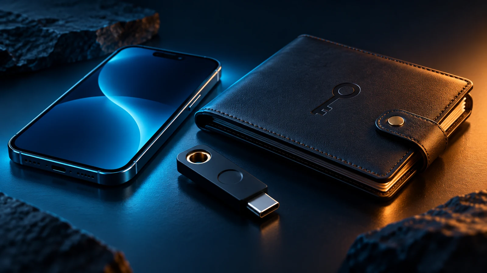 Smartphone, physical security key and closed document wallet with an embossed key symbol