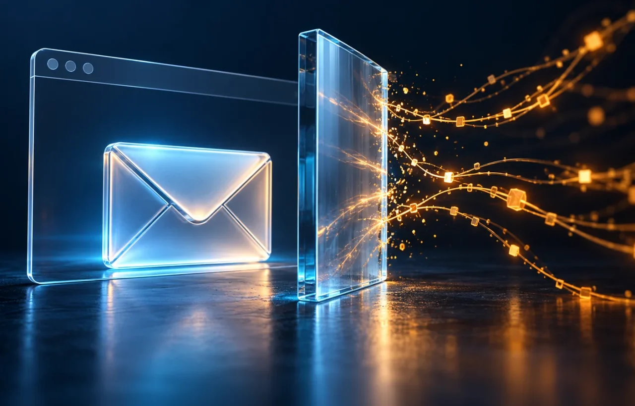 Glass browser window with an envelope and a protective barrier stopping tracking strands