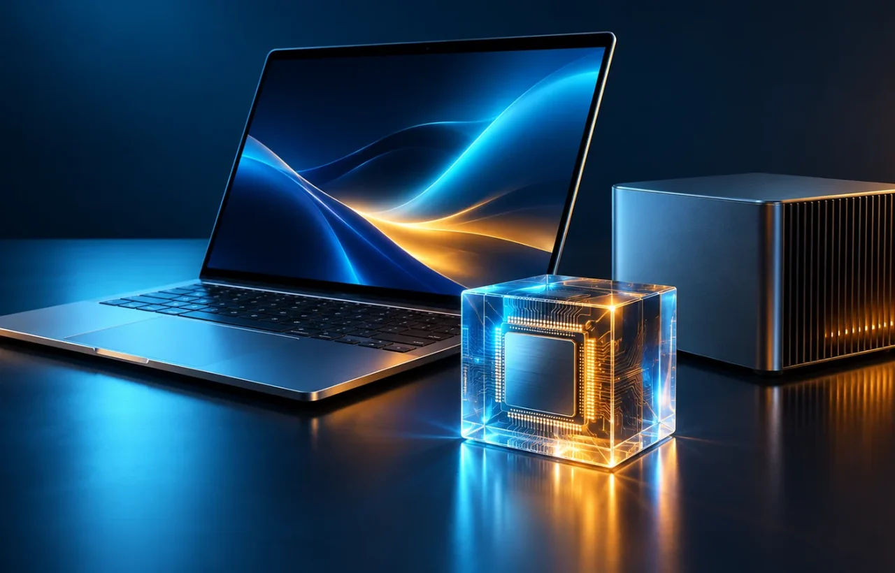 Generic metal laptop beside a compact desktop computer and translucent processor