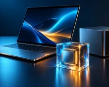 Generic metal laptop beside a compact desktop computer and translucent processor