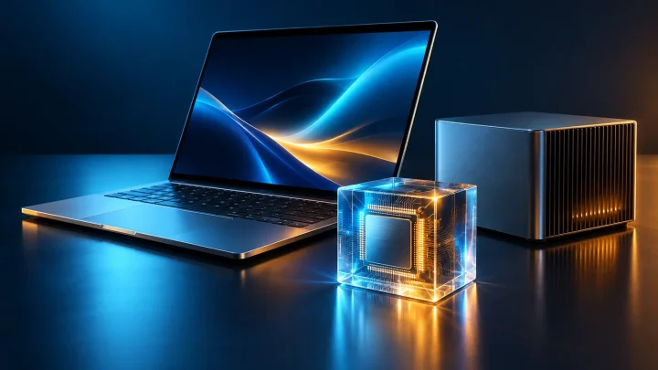 Generic metal laptop beside a compact desktop computer and translucent processor