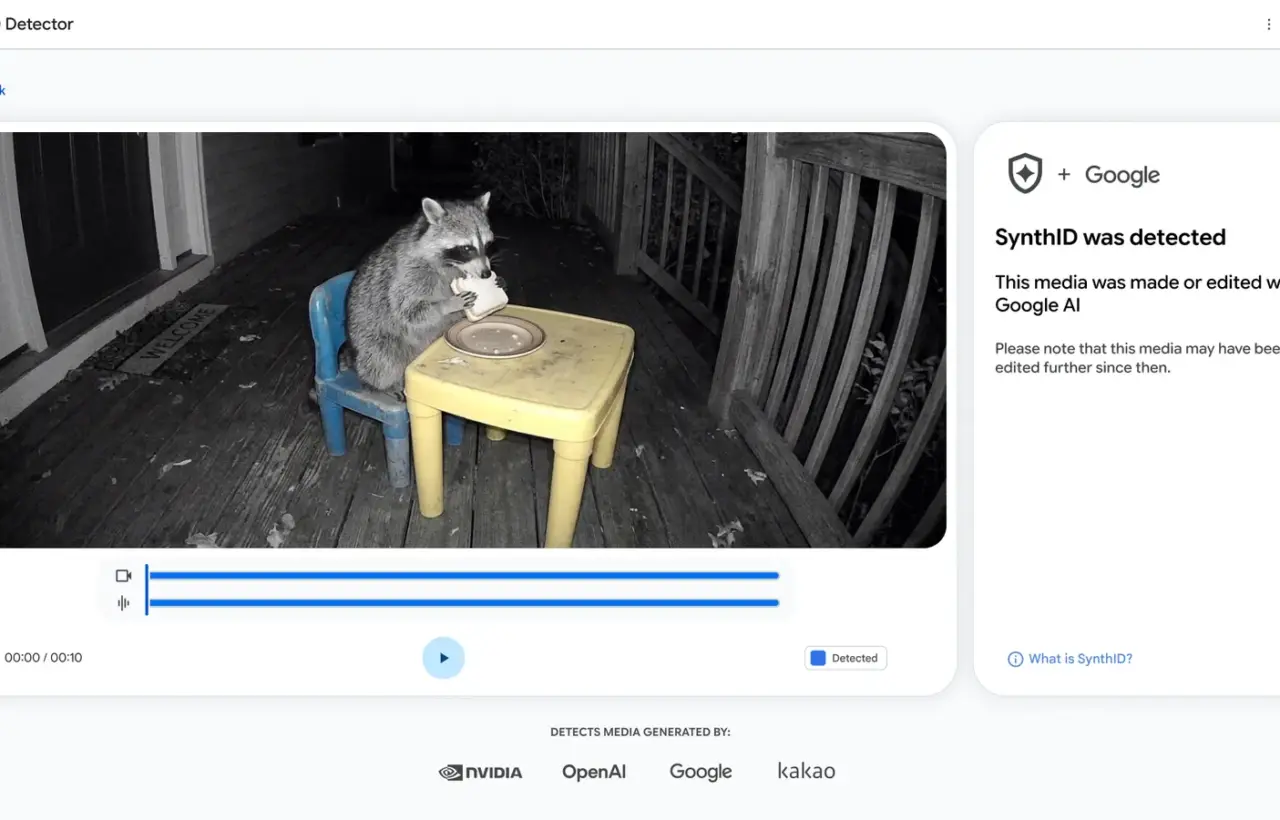 SynthID Detector interface showing a raccoon video and a detected Google AI watermark