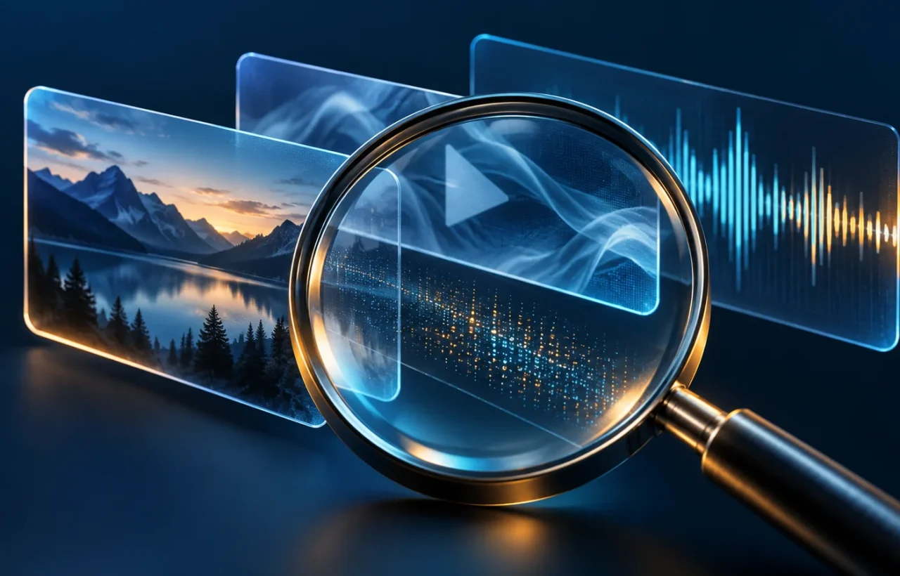 Clear magnifying lens over tiles showing an image, video frame and sound wave