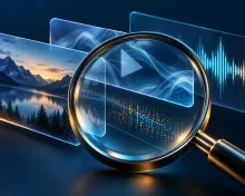 Clear magnifying lens over tiles showing an image, video frame and sound wave
