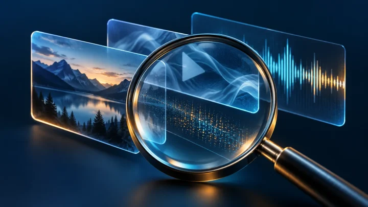 Clear magnifying lens over tiles showing an image, video frame and sound wave