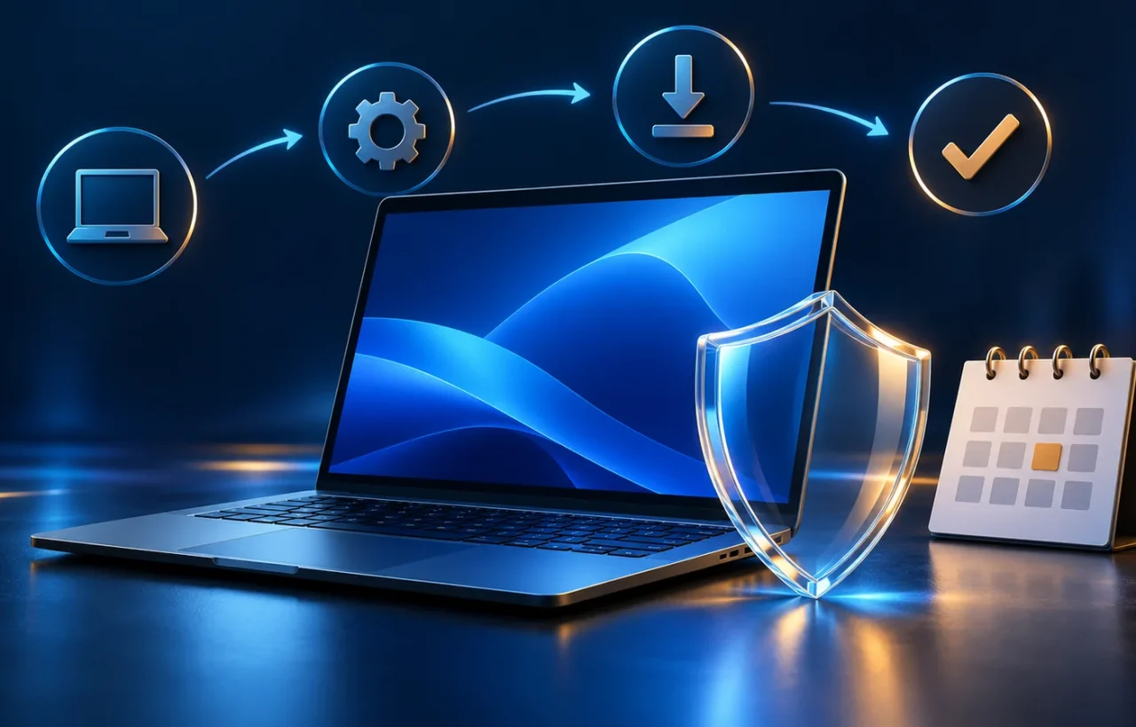 Laptop beside a translucent shield and an unlabelled calendar
