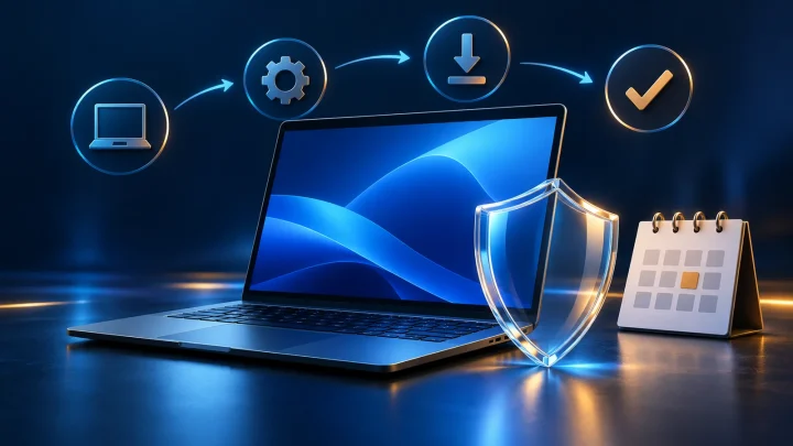 Laptop beside a translucent shield and an unlabelled calendar