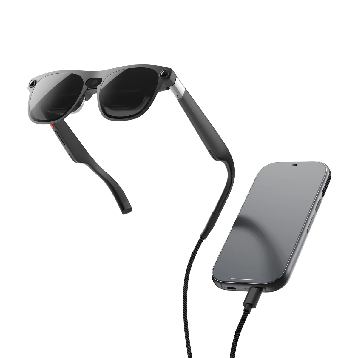 Black XREAL AURA glasses connected by cable to the separate Puck computing unit